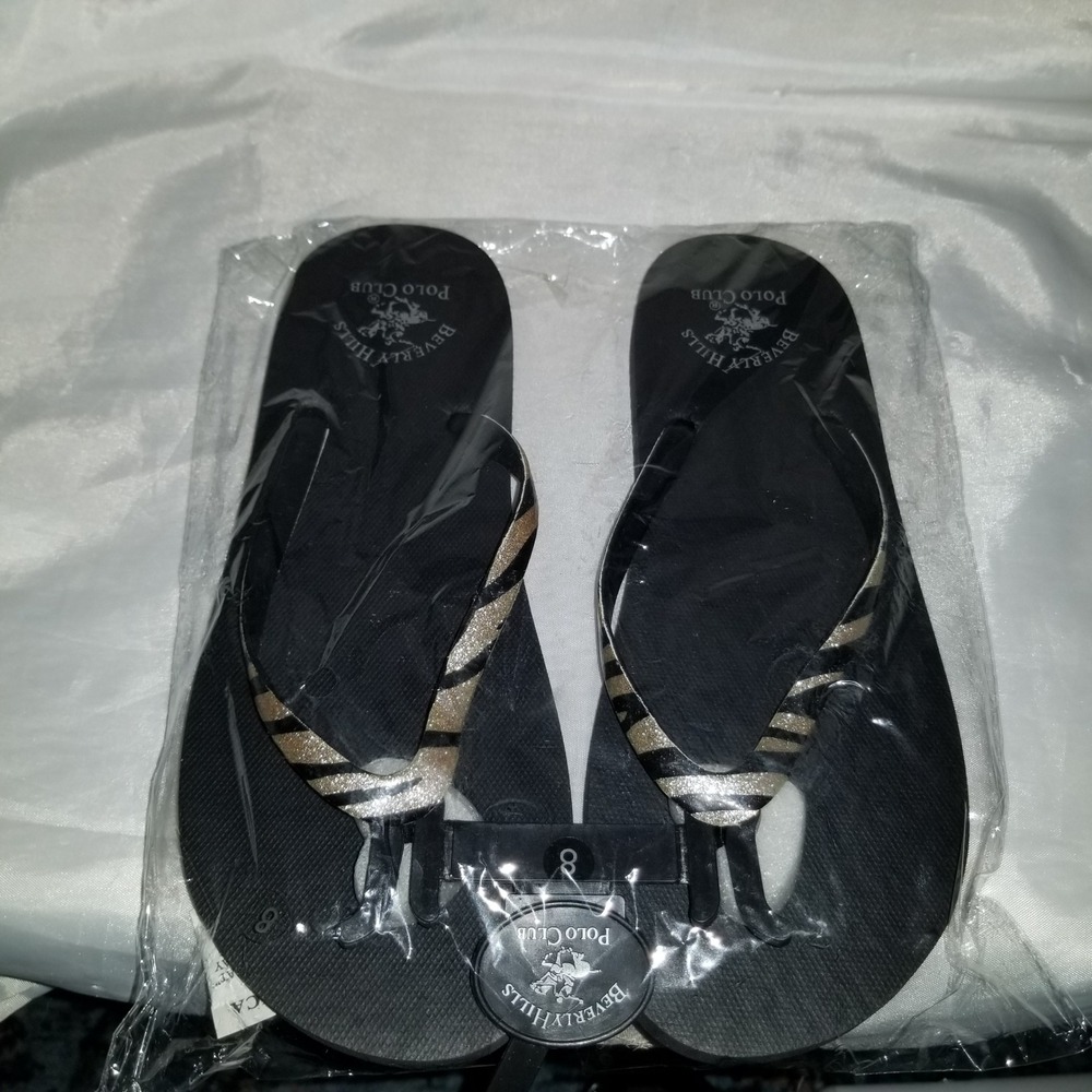 Beverly Hills Polo Club Flip Flops Women 8 Black Excellent Zebra Stripe Metallic